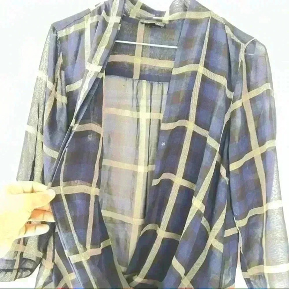 Dynamite Blue Tartan PLAID Sheer  Blouse - Picture 3 of 9